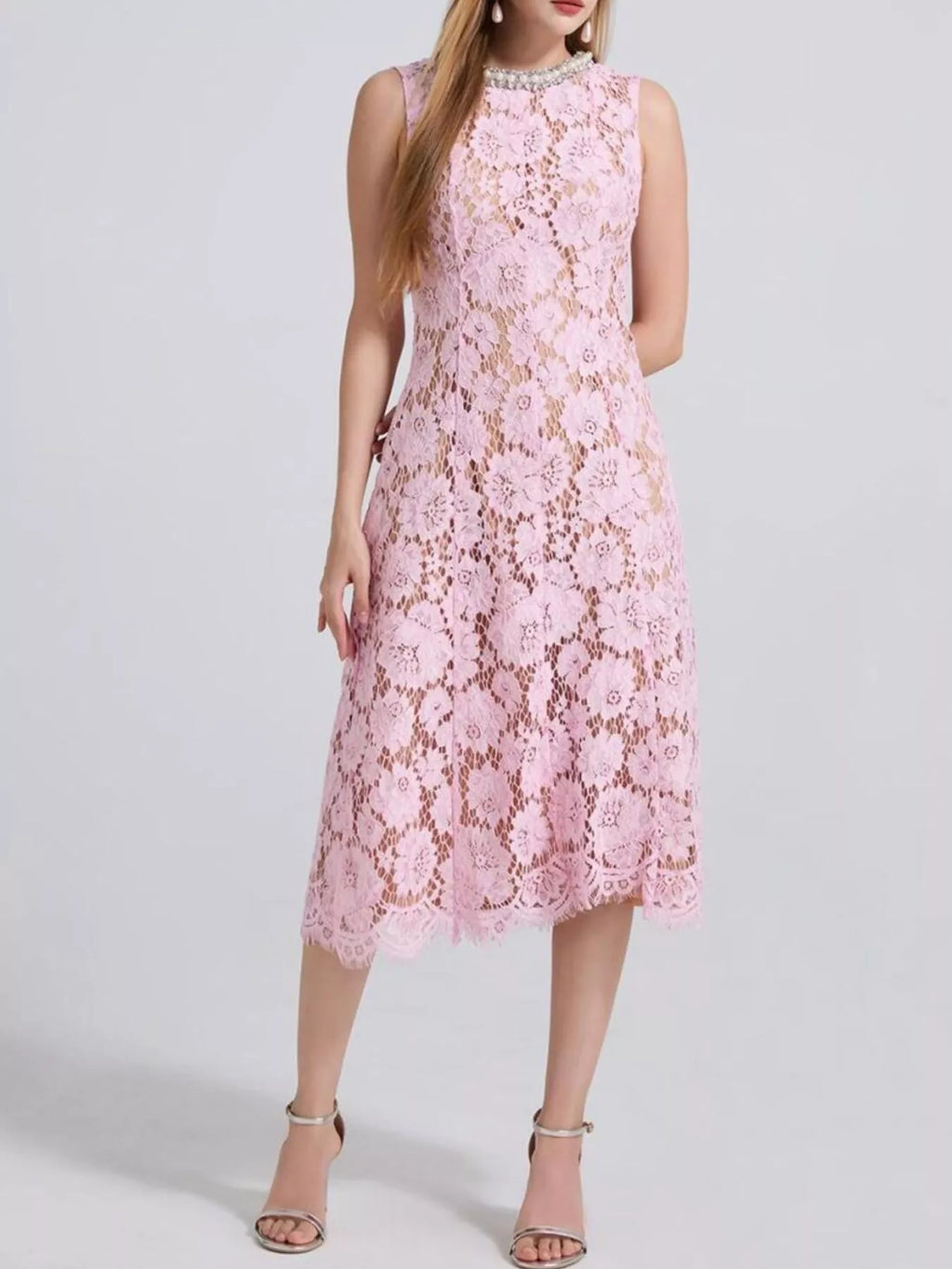 Pearl-Look Neckline Sleeveless Lace Dress