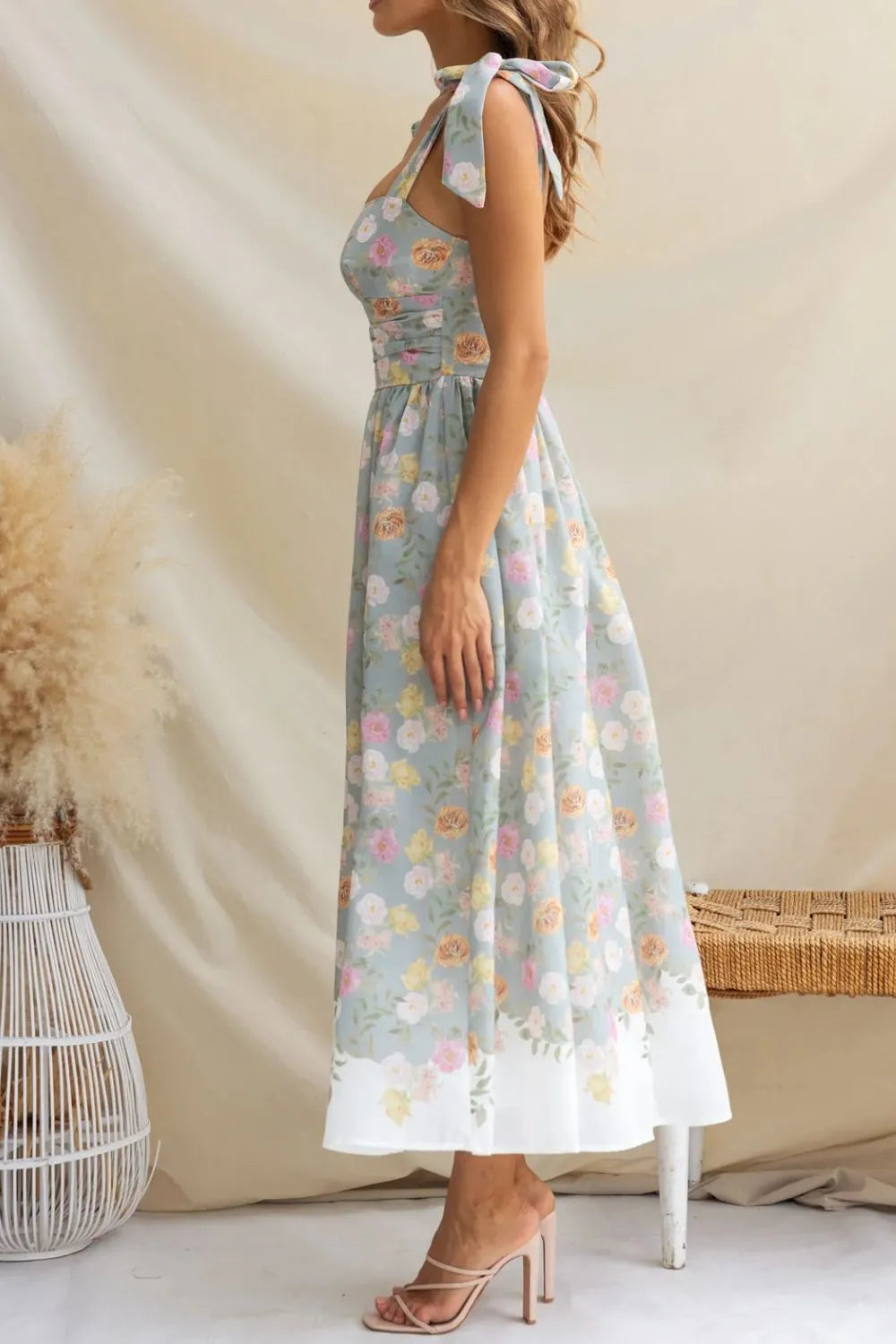 Printed Tie-Shoulder Cami Midi Dress
