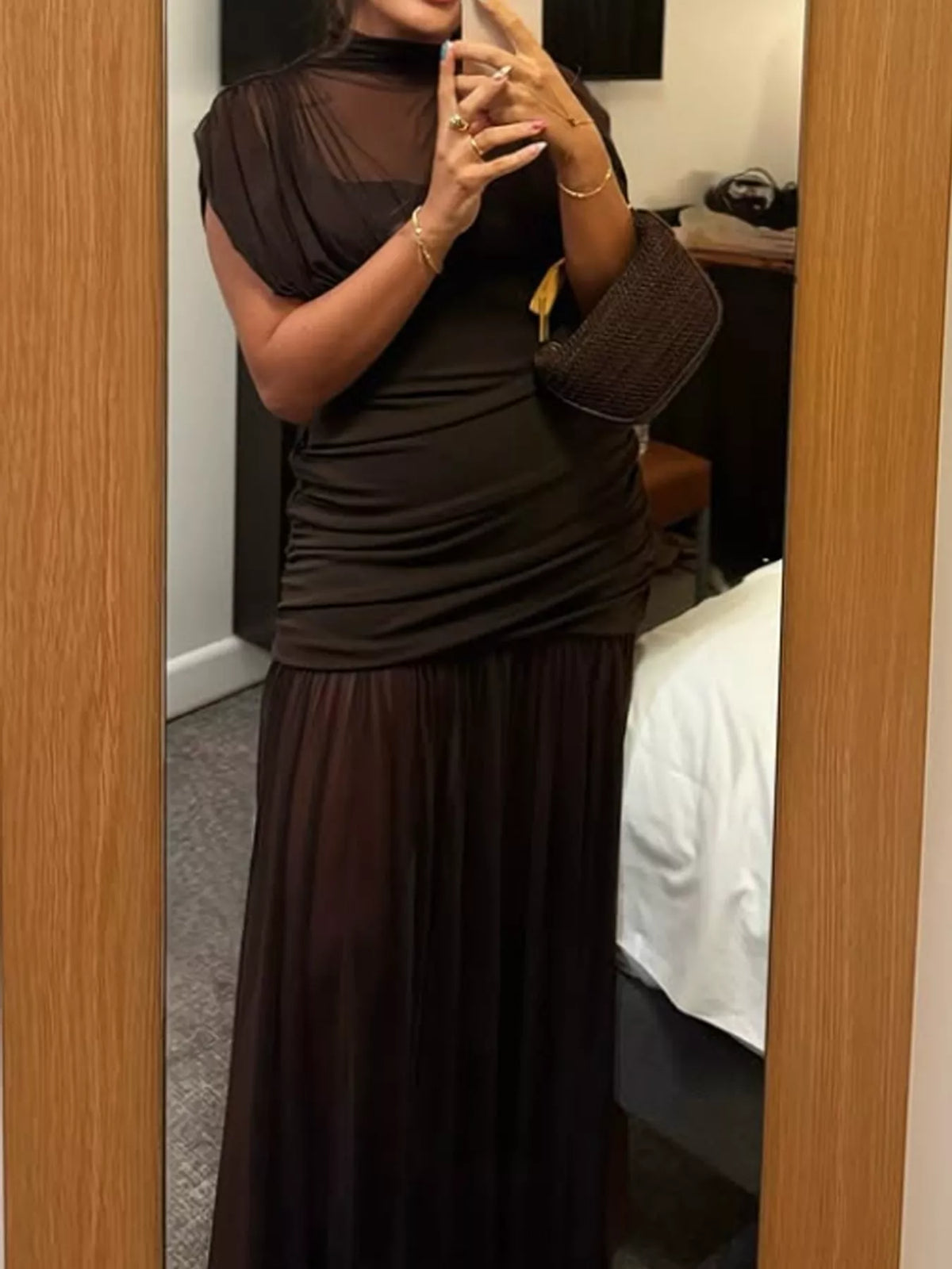 Mock-Neck Ruched Sheer Mesh Maxi Dress