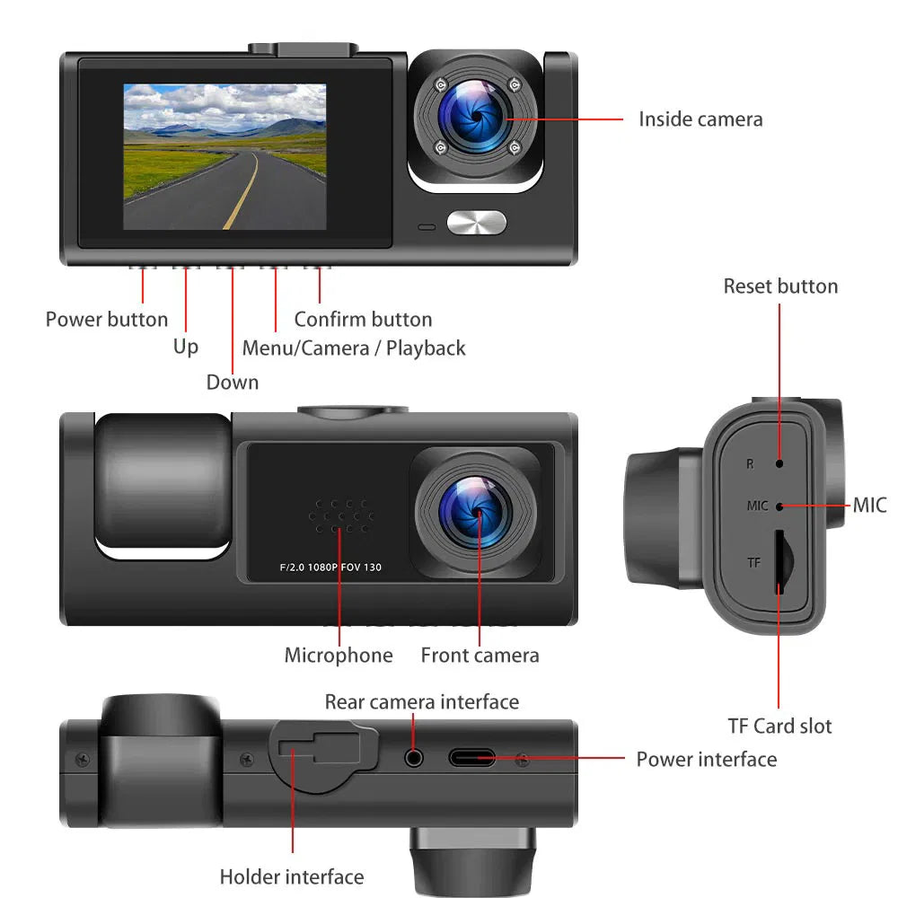 Triple Lens Dash Cam 1080P HD | Front, Rear & Interior Recording + G-Sensor — Prime Trend Market