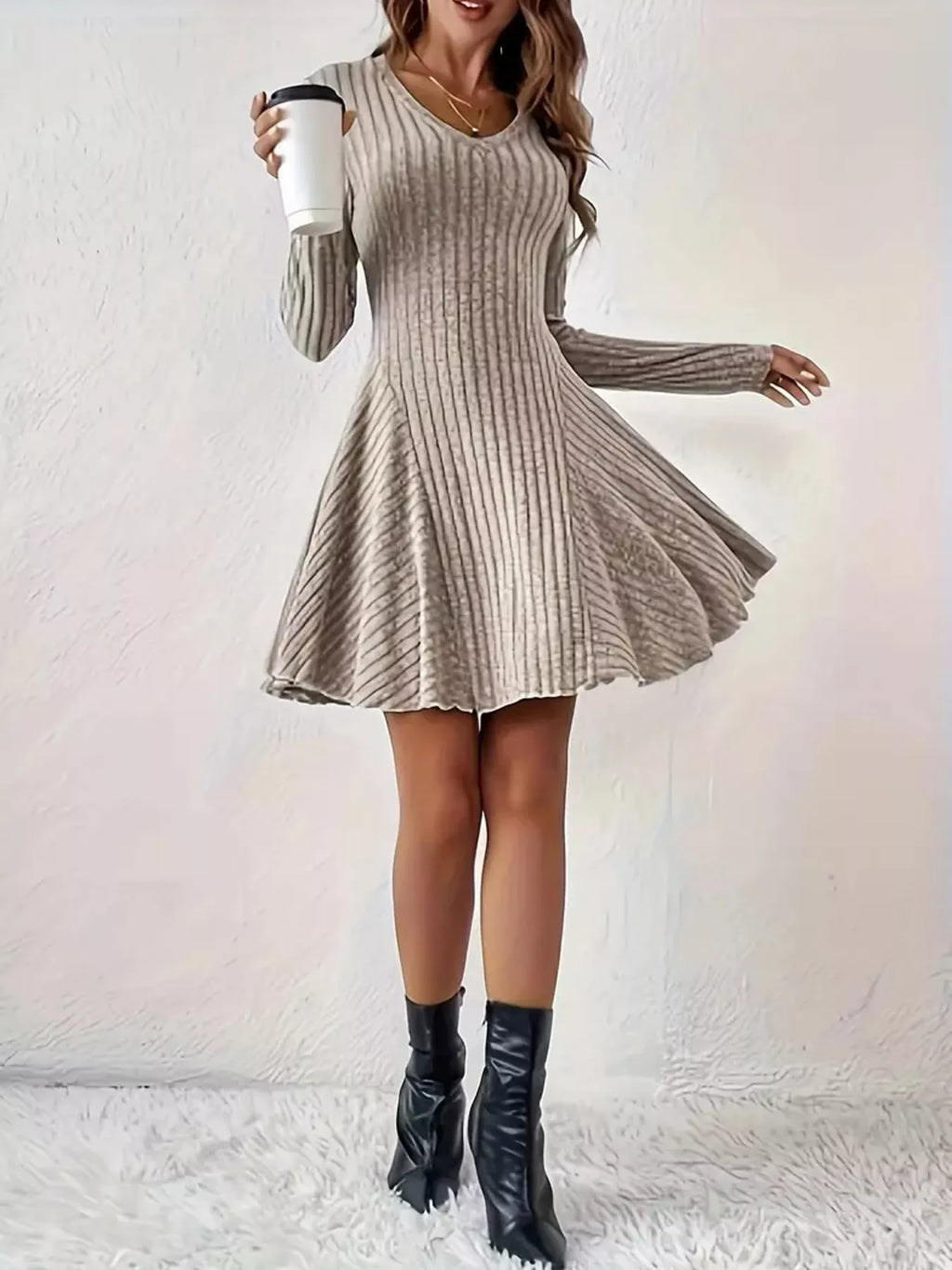 Long-Sleeve Ribbed Knit A-Line Mini Dress