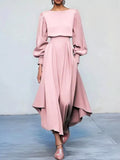 Pleated Lantern-Sleeve Midi Dress