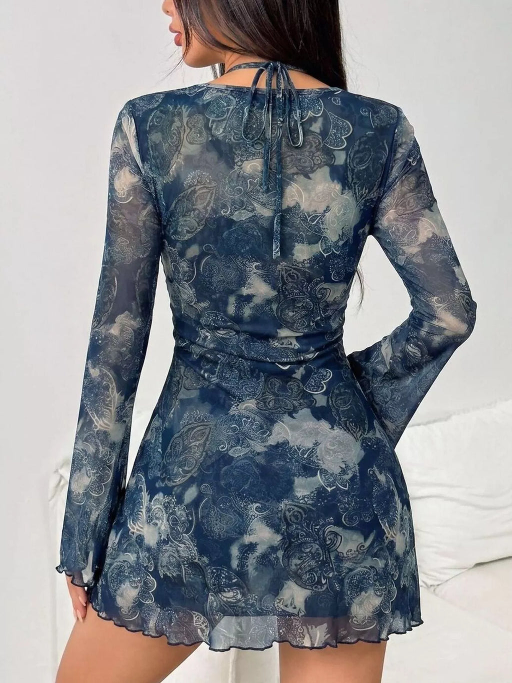 Navy Printed Mesh Cutout Long-Sleeve Mini Dress