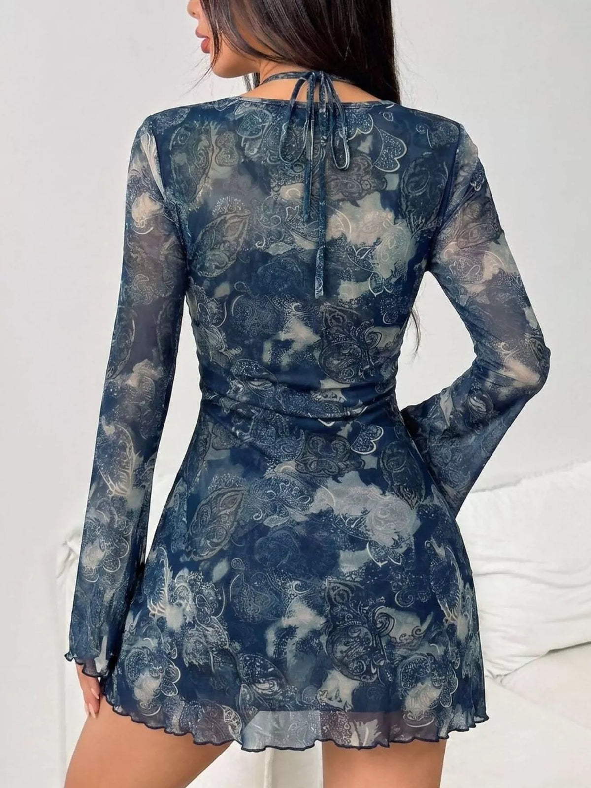 Navy Printed Mesh Cutout Long-Sleeve Mini Dress