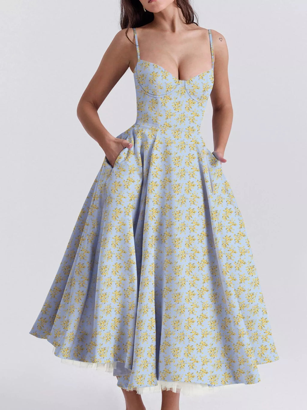 Sweetheart-Neck Pocketed A-Line Midi Dress