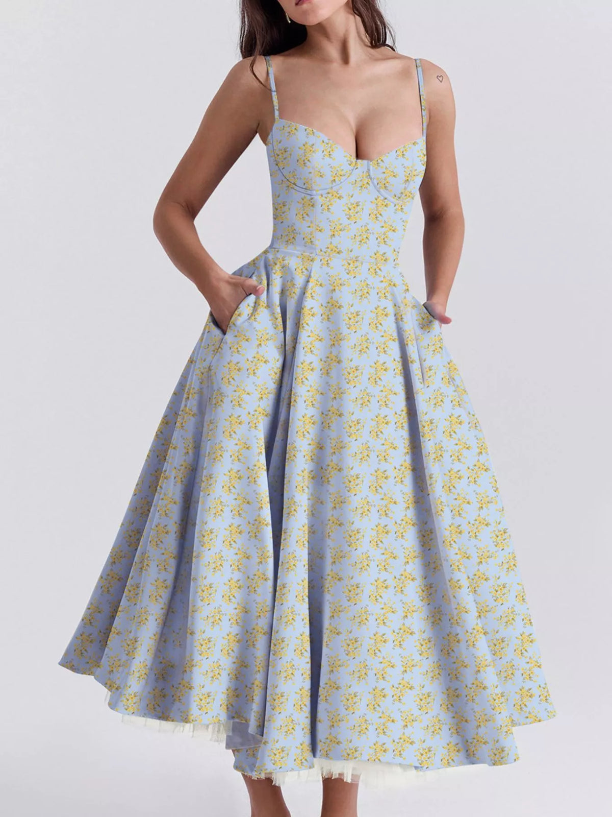 Sweetheart-Neck Pocketed A-Line Midi Dress