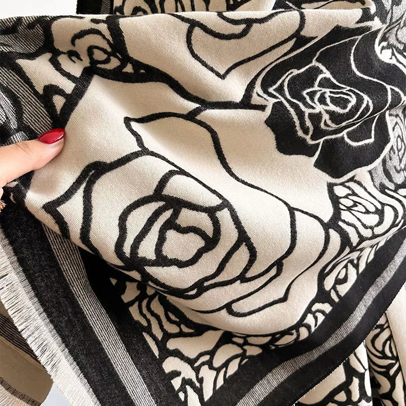 Rose-Pattern Polyester Raw-Hem Scarf