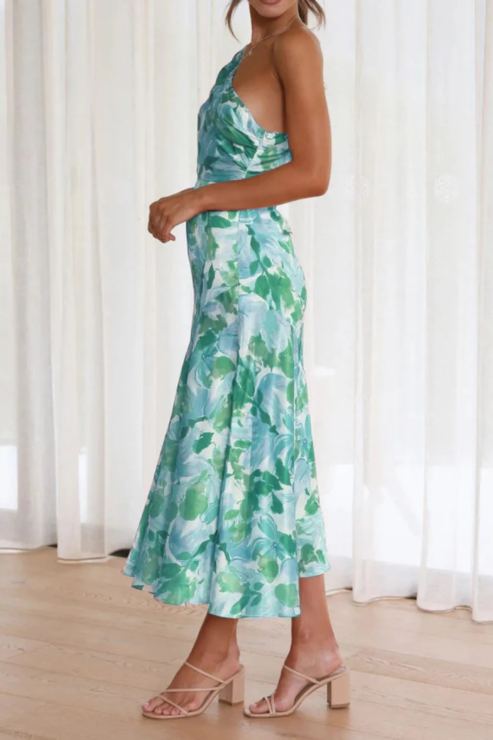 Teal Printed One-Shoulder Ruched Midi Dress