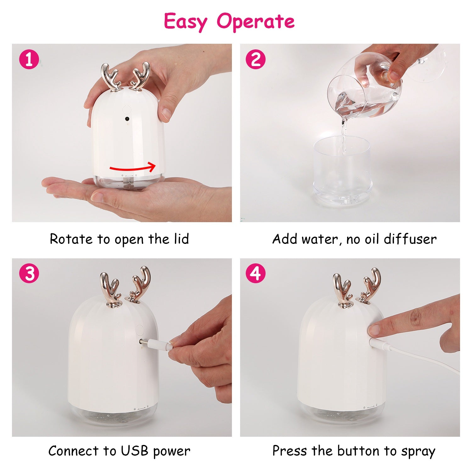 220ml Cool Mist Humidifier with 7-Color Breathing Lights — Ultrasonic Air Diffuser | Auto Shut-Off | Pink Rabbit & White Deer — Prime Trend Market