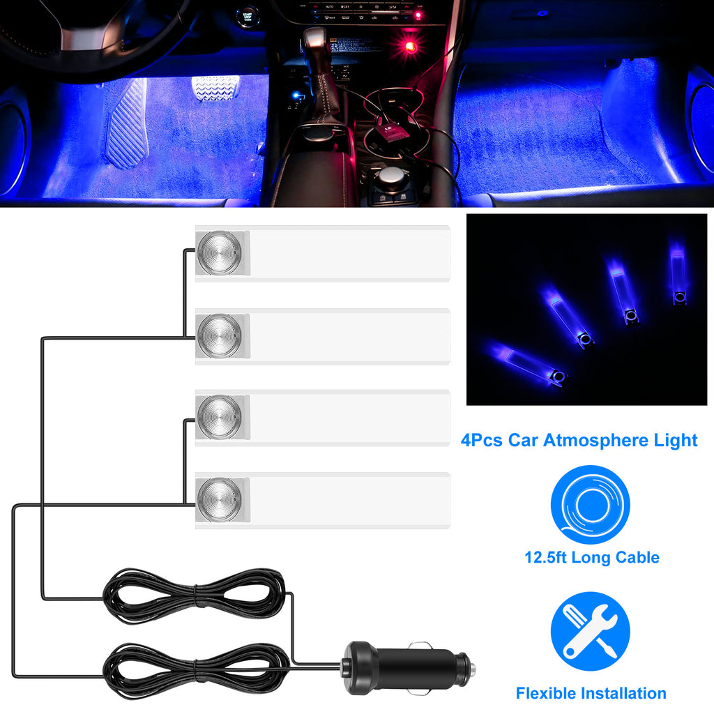4Pcs Blue LED Car Interior Atmosphere Lights | DC 12V | 360° Adjustable | One-Button Control | Easy Install — Eliza & Tuan