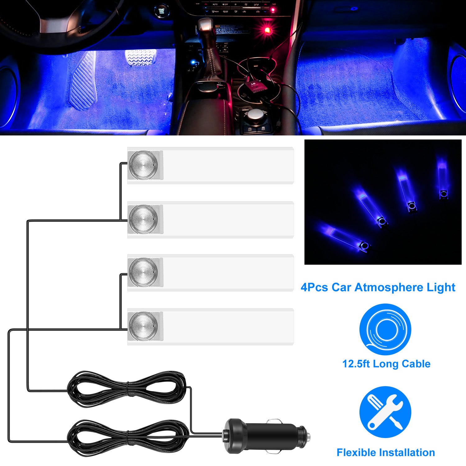 4Pcs Blue LED Car Interior Atmosphere Lights | DC 12V | 360° Adjustable | One-Button Control | Easy Install — Eliza & Tuan