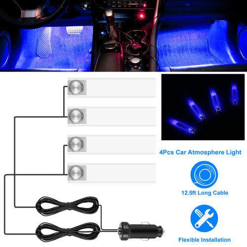 4Pcs Blue LED Car Interior Atmosphere Lights | DC 12V | 360° Adjustable | One-Button Control | Easy Install — Eliza & Tuan