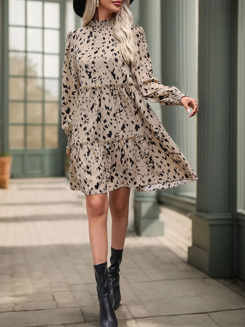 Perfee Printed Frill Mock-Neck Long-Sleeve Mini Dress