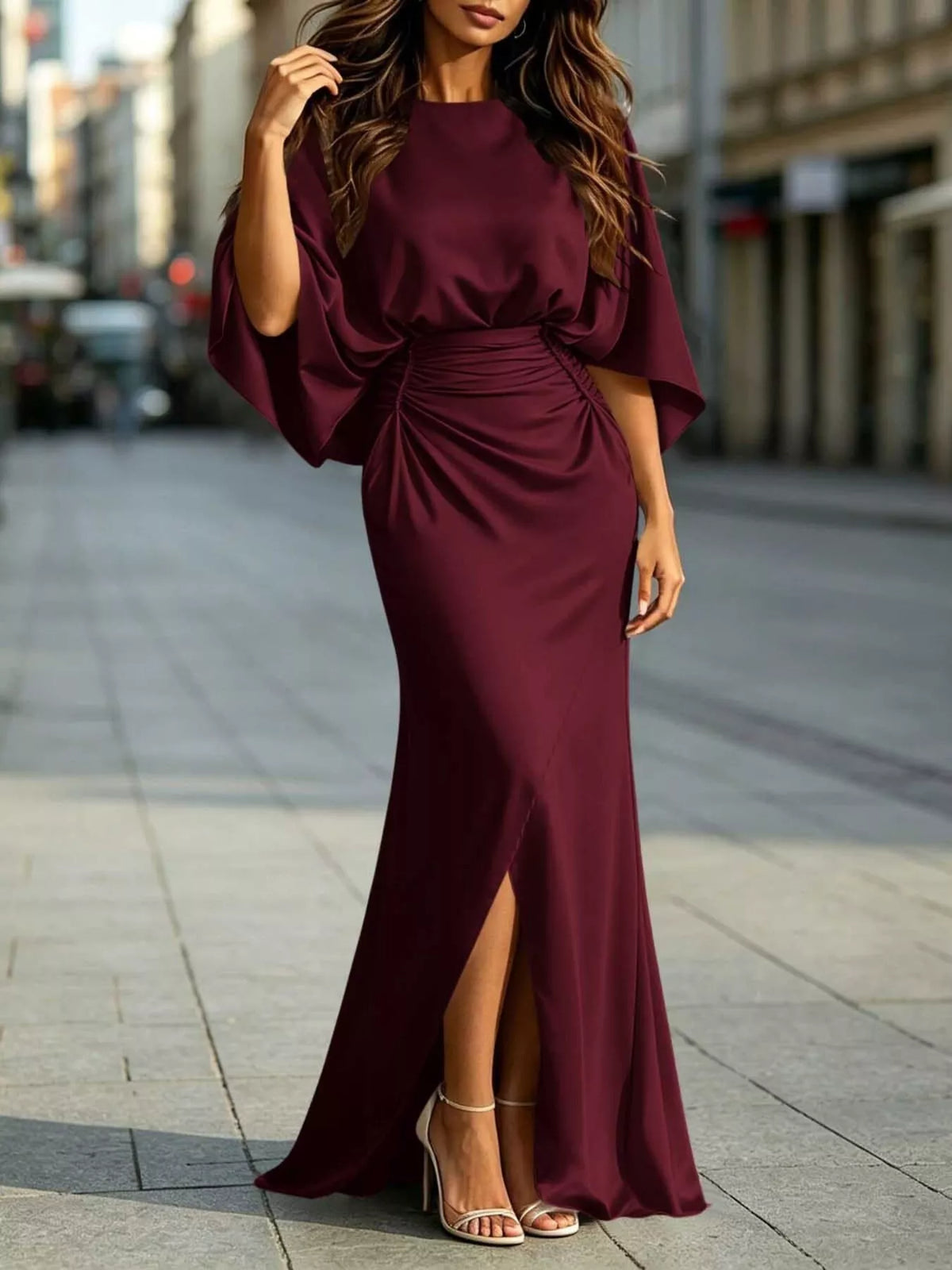 Ruched-Waist Draped-Sleeve Slit Maxi Dress with Pockets