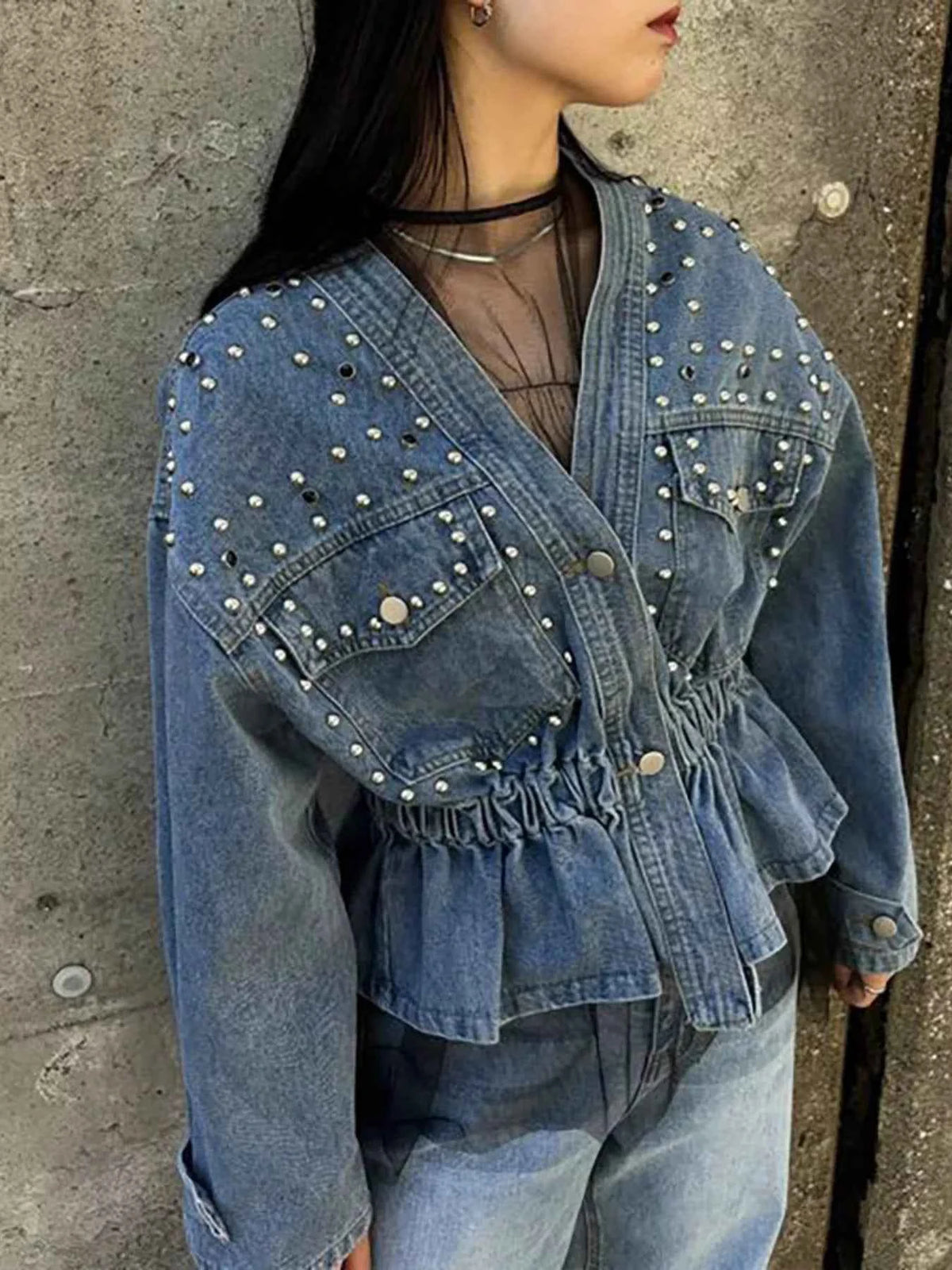 Studded Button-Up Denim-Look Jacket