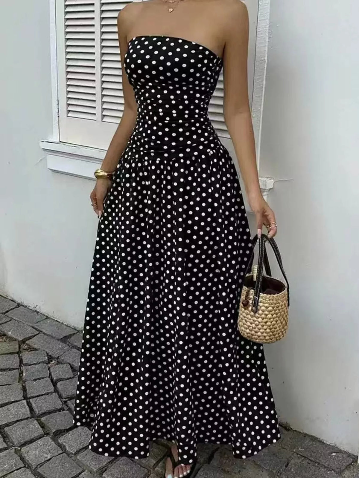 Strapless Polka-Dot Ruched Maxi Dress, S–2XL