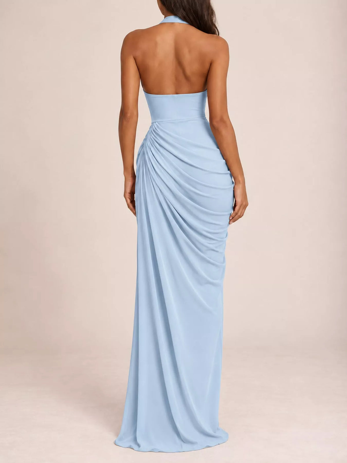 Halter-Neck Ruched High-Slit Maxi Evening Dress