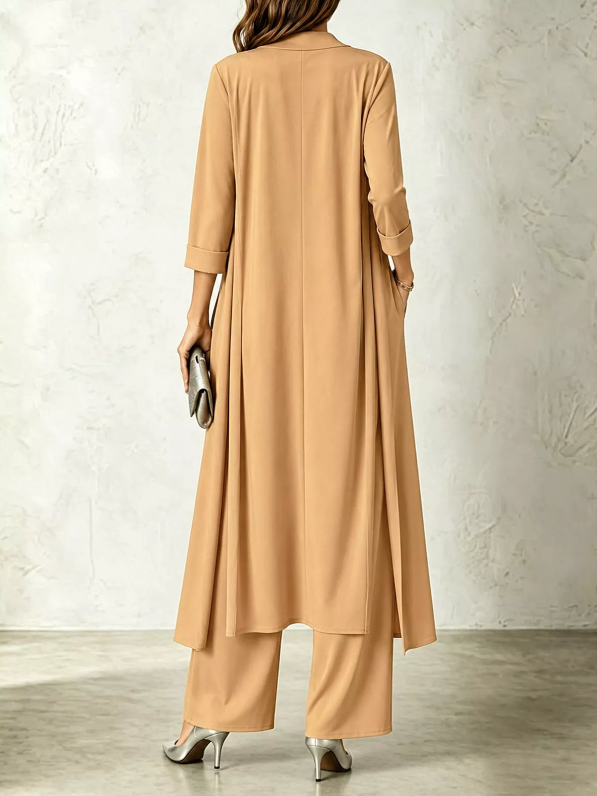 Cowl-Neck Top, Cardigan & Wide-Leg Pants Three-Piece Set