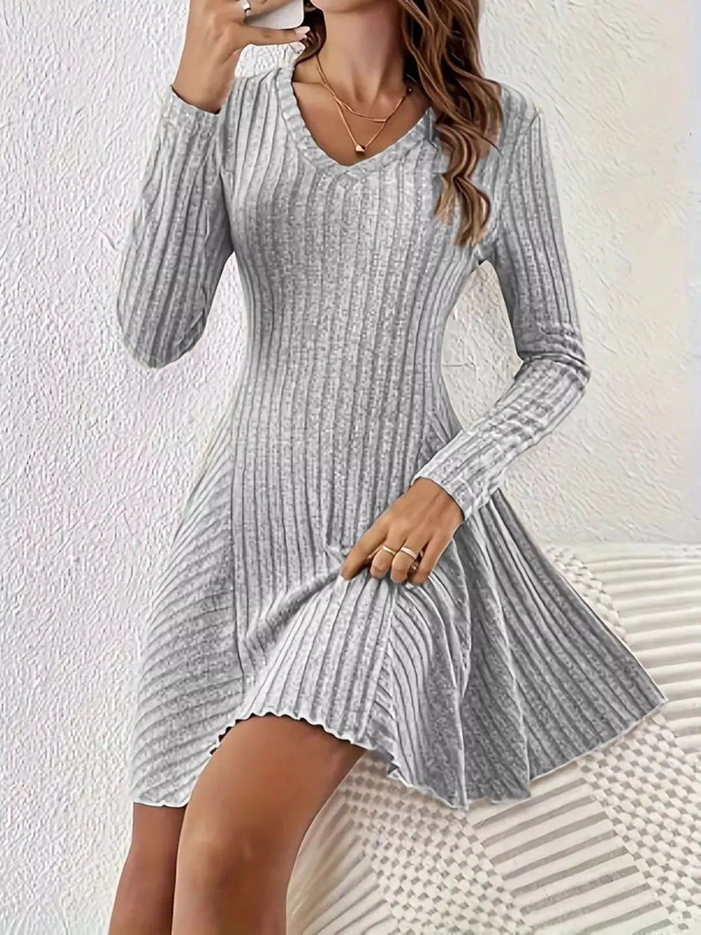 Long-Sleeve Ribbed Knit A-Line Mini Dress