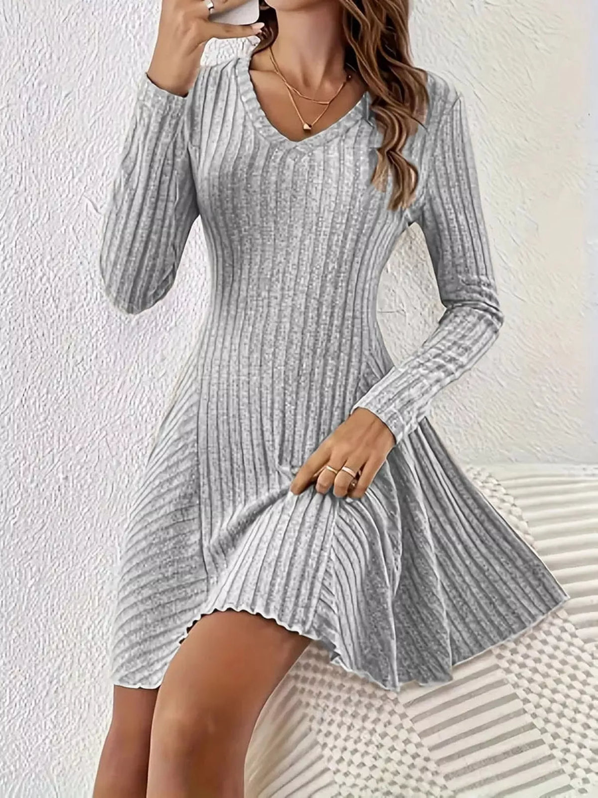 Long-Sleeve Ribbed Knit A-Line Mini Dress