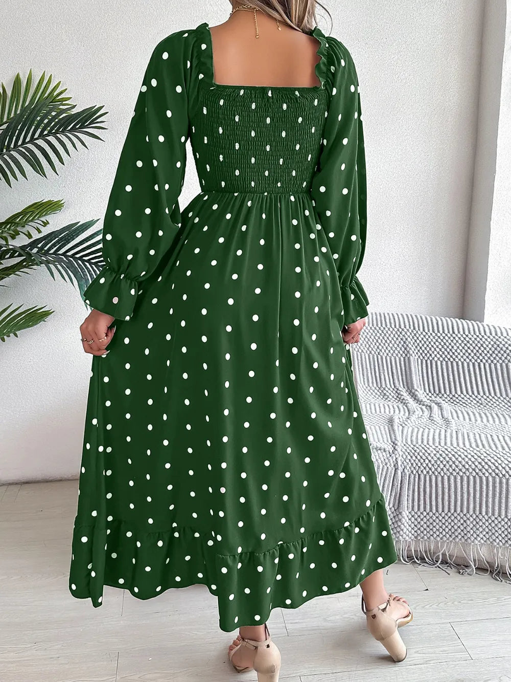 Polka-Dot Square-Neck Smocked Flounce-Sleeve Midi Dress