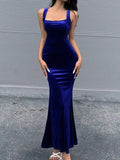 Royal Blue Velvet Square-Neck Lace-Up Back Maxi Dress