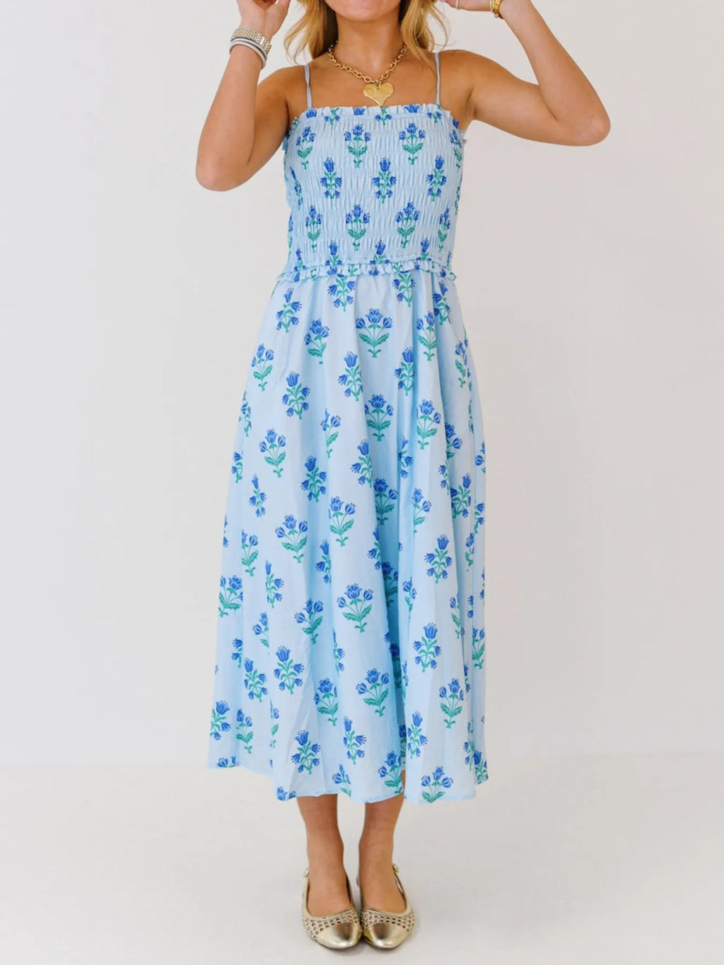 Floral Smocked Adjustable-Strap Midi Dress