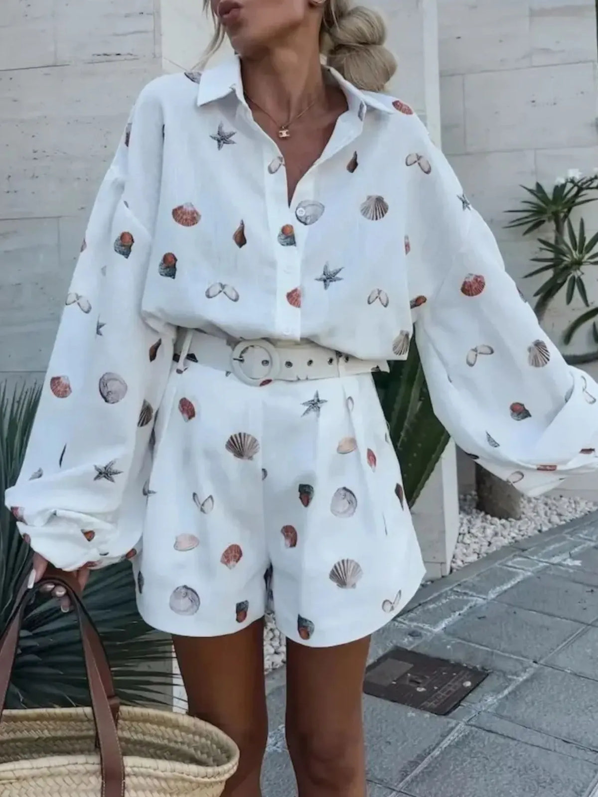 White Seashell-Print Button-Up Shirt & Shorts Set