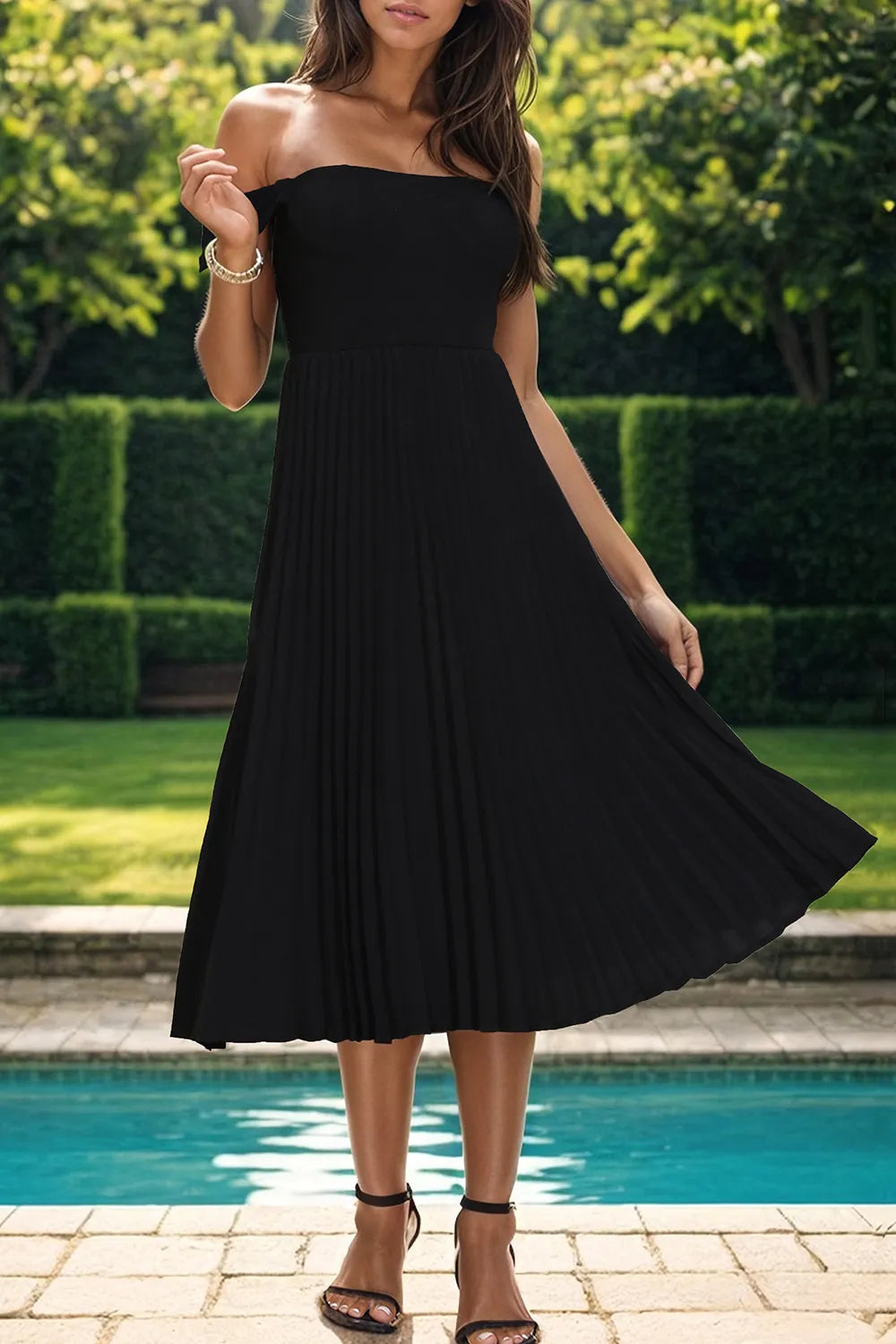 Black Pleated Off-Shoulder Midi Dress