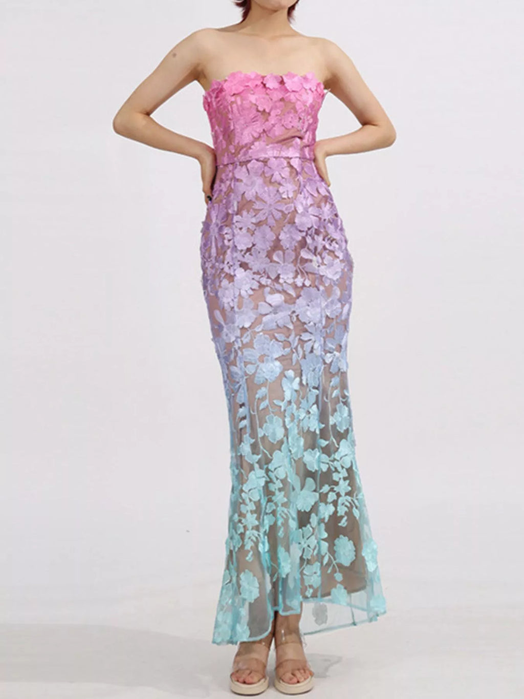 Floral-Embroidered Tube Maxi Dress