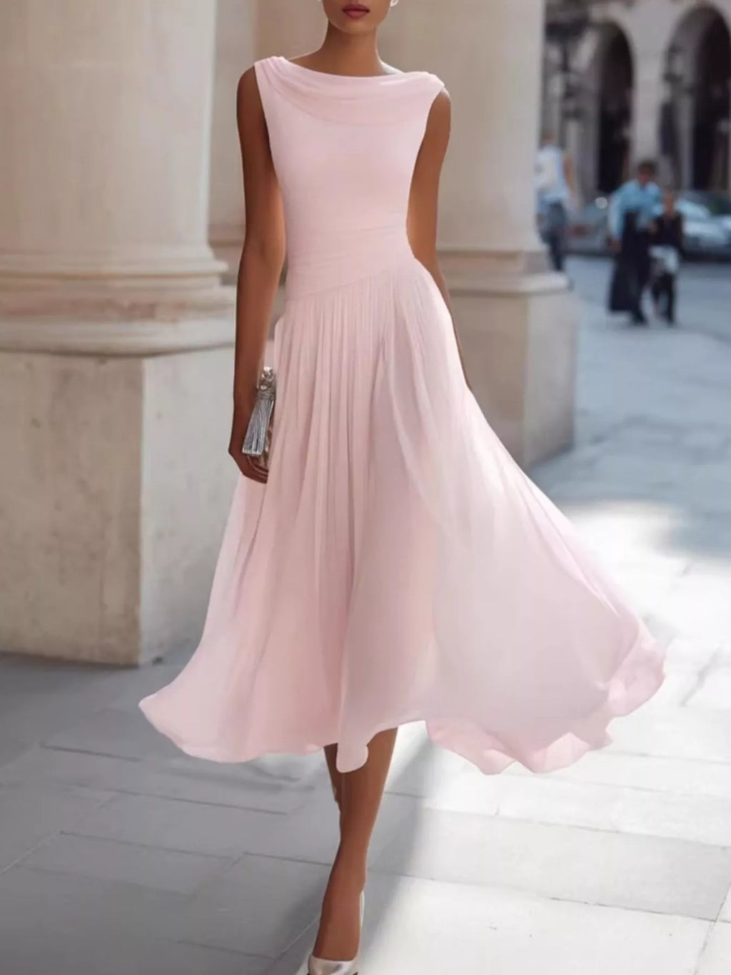 Draped-Neck Sleeveless Flared Midi Dress, S–3XL
