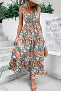 Floral V-Neck Tie-Waist Sleeveless Tiered Dress