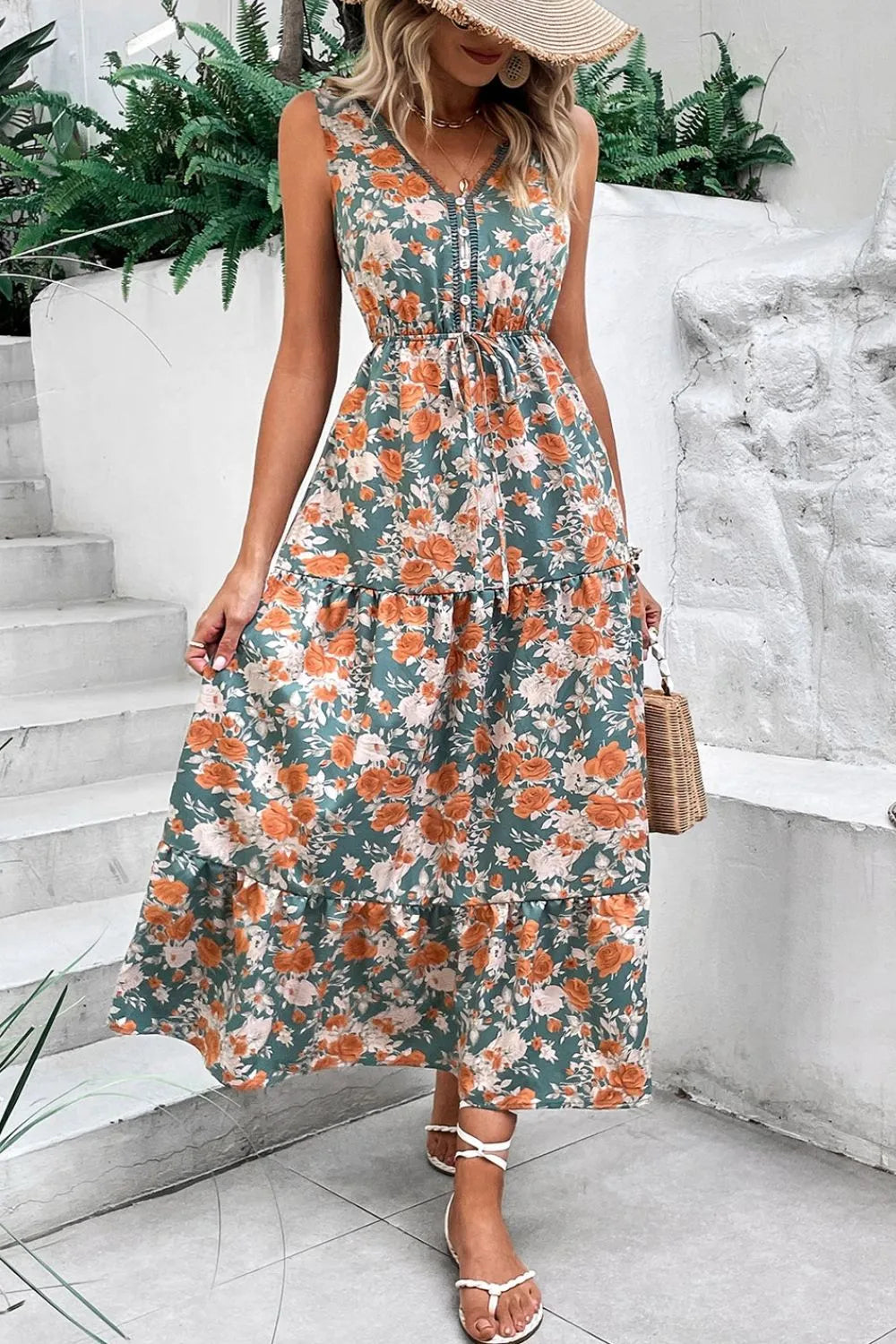 Floral V-Neck Tie-Waist Sleeveless Tiered Dress