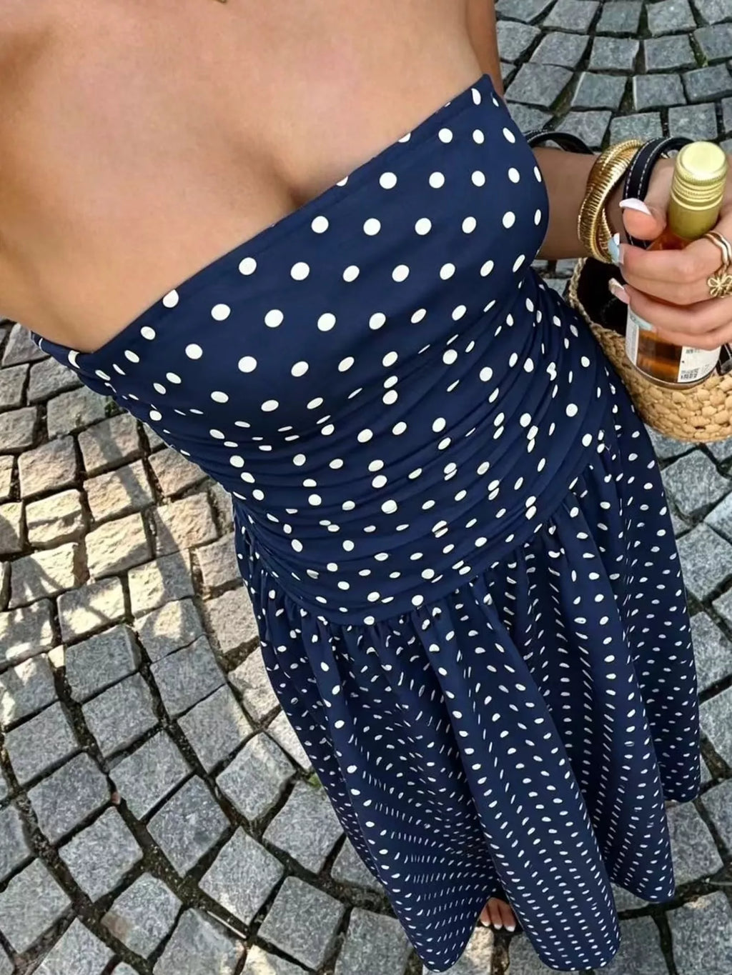 Strapless Polka-Dot Ruched Maxi Dress, S–2XL