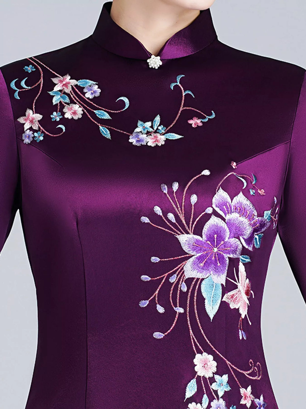 Elea Floral-Embroidered Slim-Fit Cheongsam Dress | M–4XL