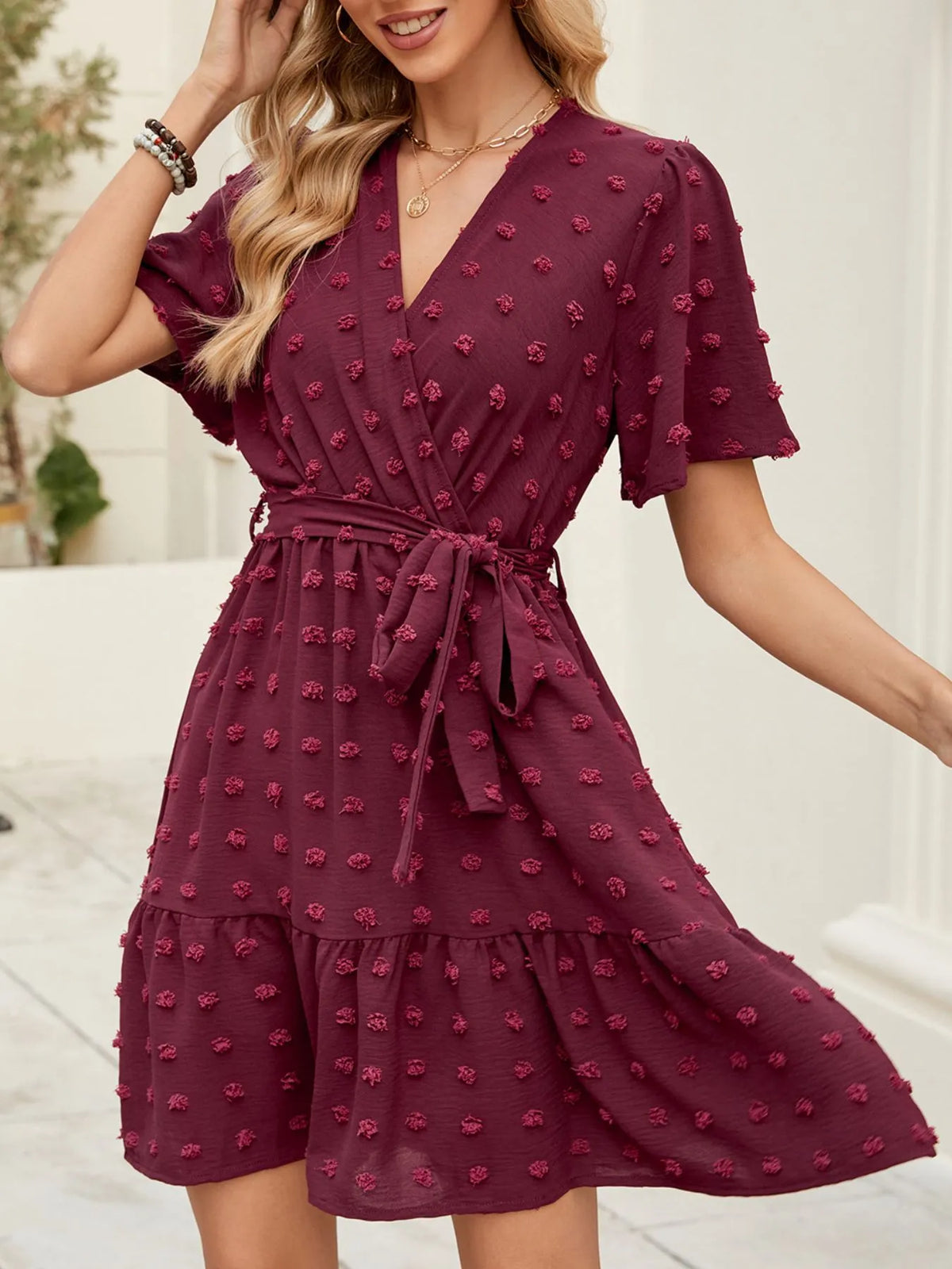 Burgundy Swiss-Dot Flutter-Sleeve Wrap-Look Dress