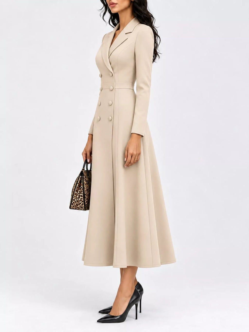 Double-Breasted Lapel-Collar Long-Sleeve Midi Dress