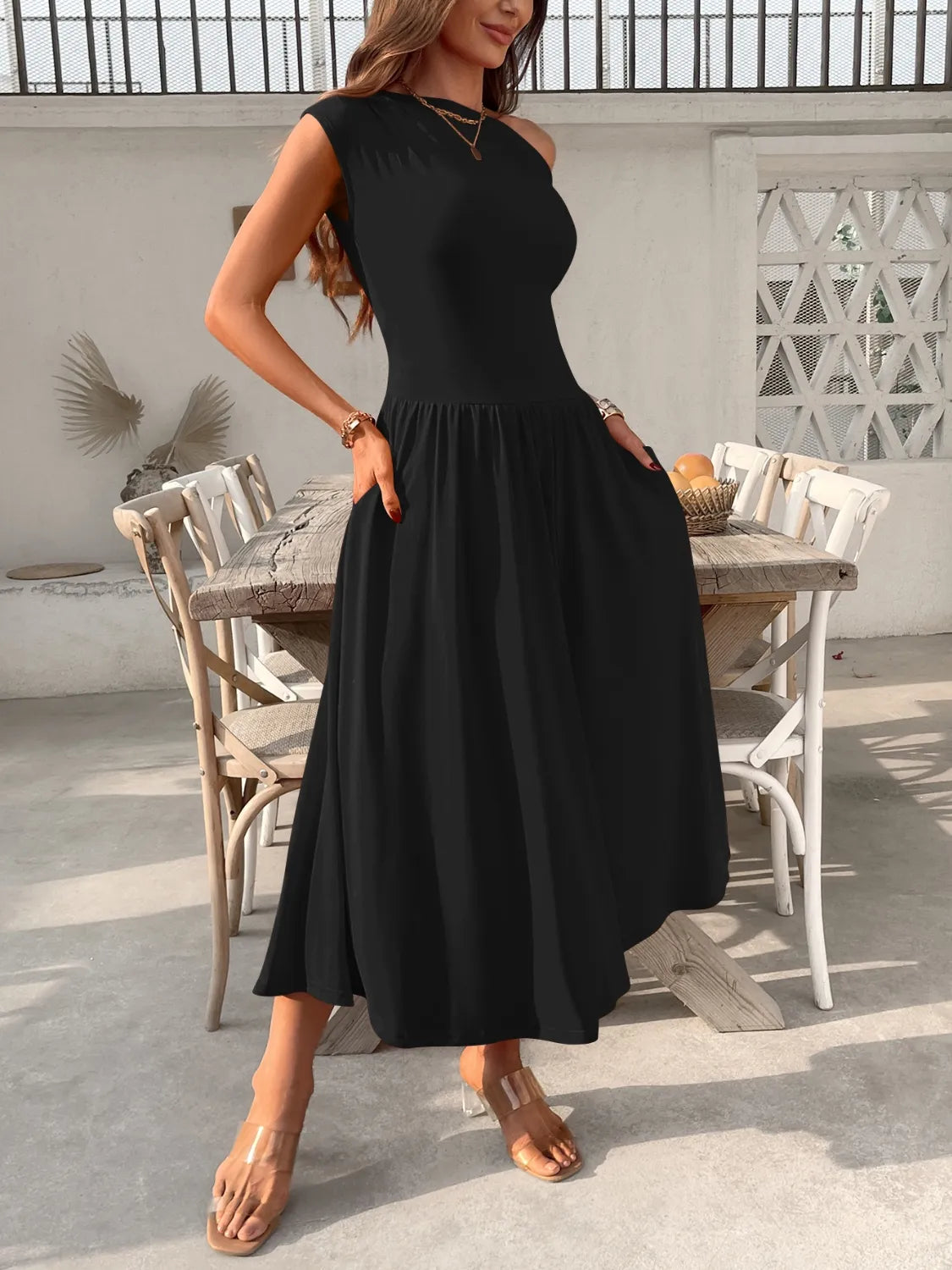 Single-Shoulder Dress with Pockets