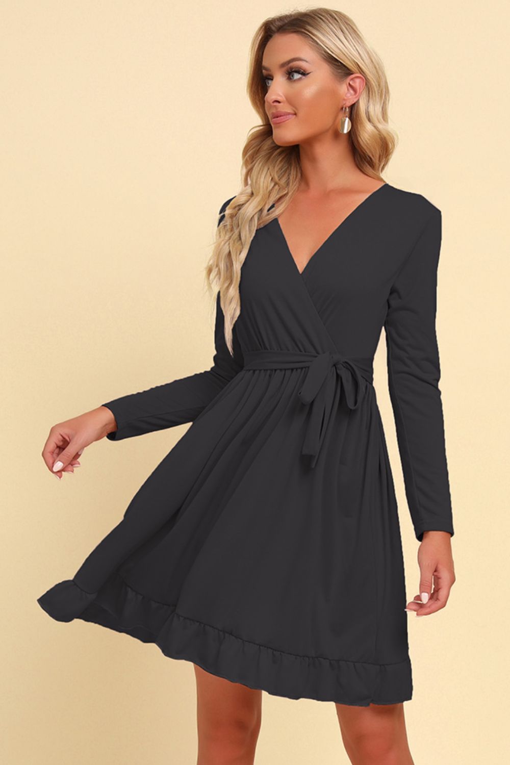 Surplice Long-Sleeve Tie-Waist Mini Dress