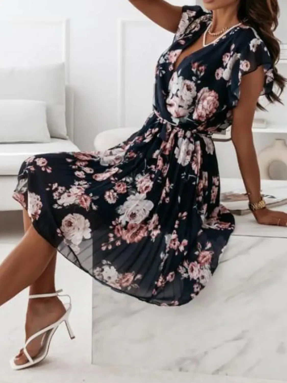 Floral Surplice Tie-Waist Ruffle-Cap-Sleeve Dress