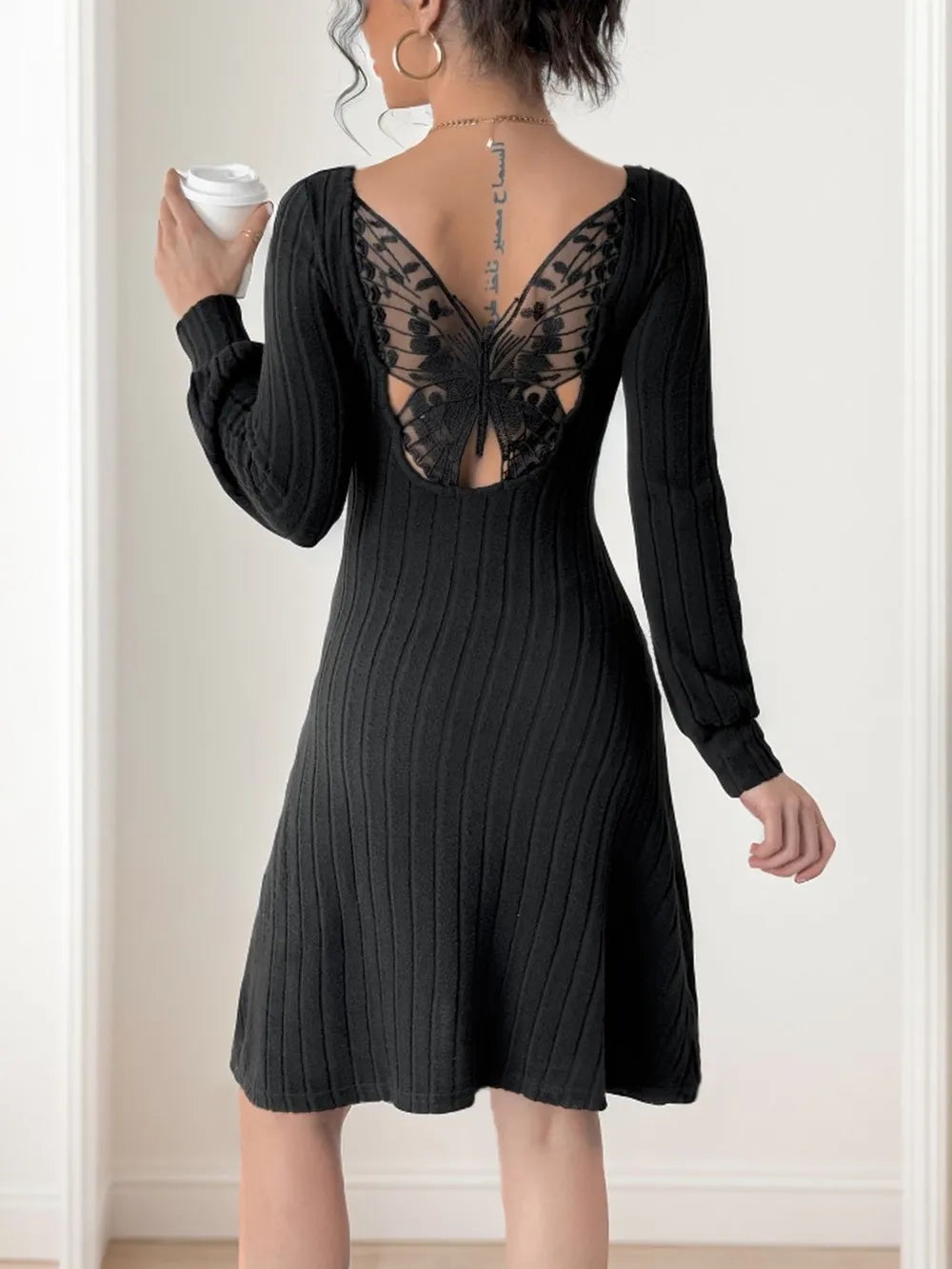 Perfee Butterfly-Back Square-Neck Long-Sleeve Dress