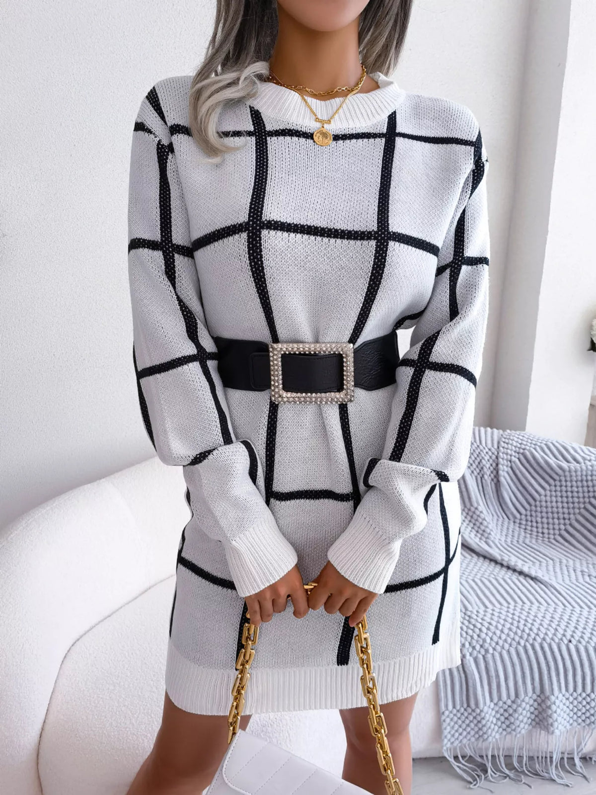 Windowpane Plaid Round-Neck Sweater Mini Dress