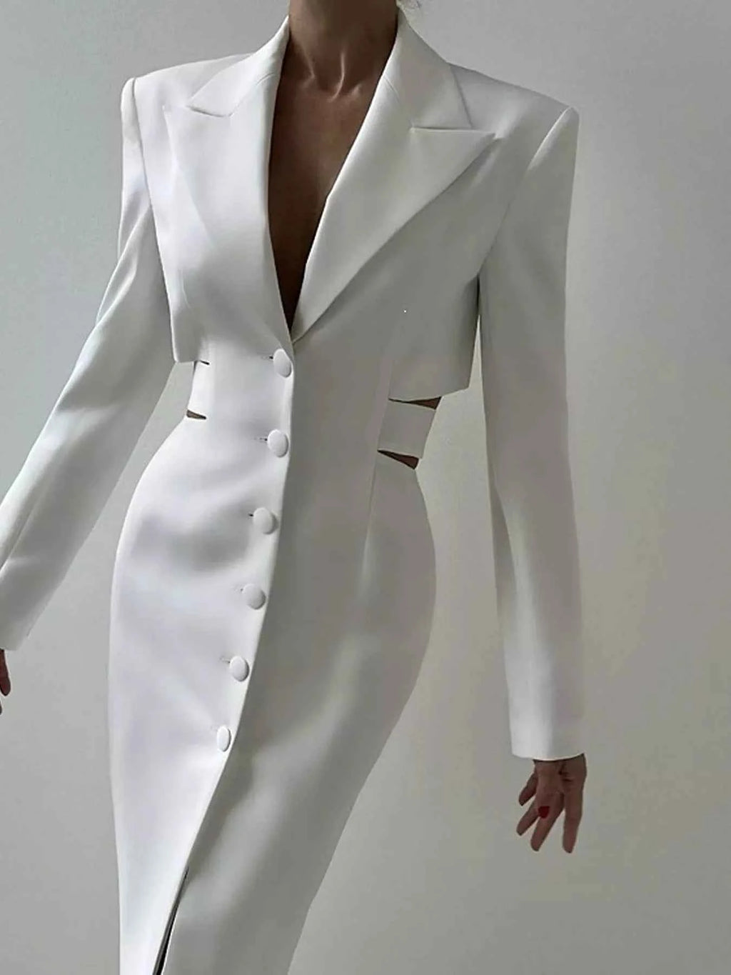 Button-Front Cutout-Waist Blazer Dress