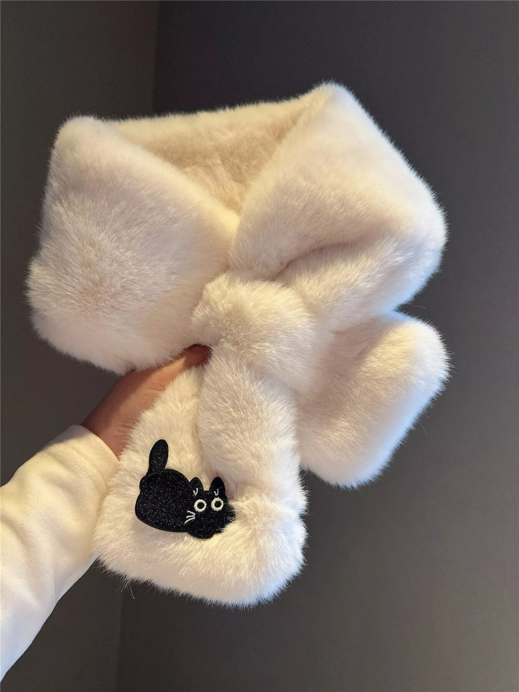 Cat-Embroidered Plush Scarf