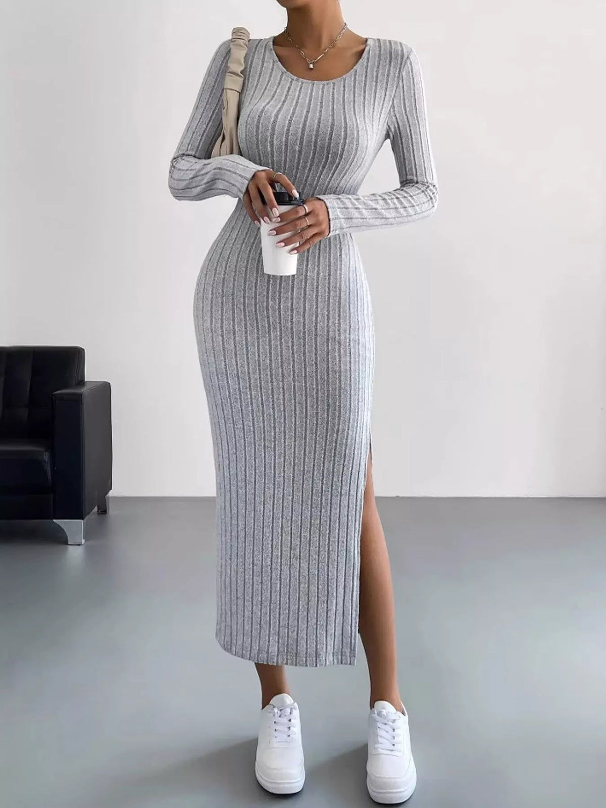 Long-Sleeve Side-Slit Ribbed Knit Midi Dress