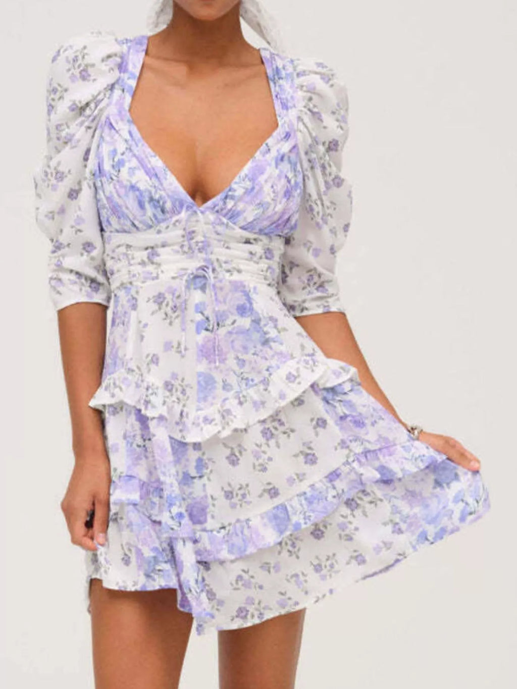 Ruffled Floral-Print Half-Sleeve Dress