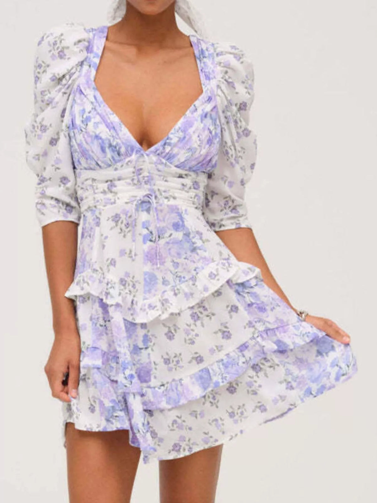 Ruffled Floral-Print Half-Sleeve Dress