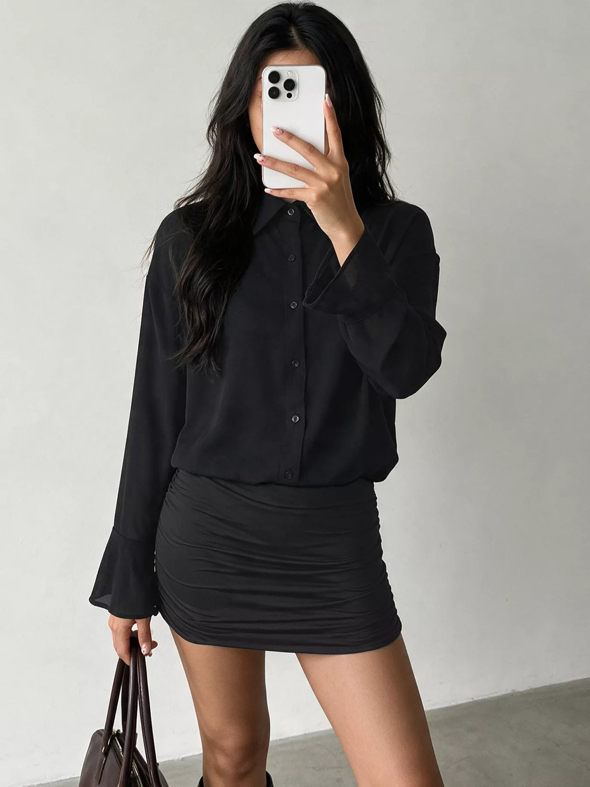 Black Button-Front Flounce-Sleeve Ruched Mini Dress