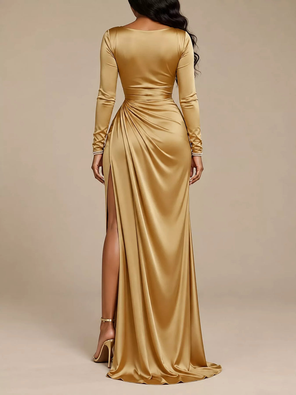 Satin Cowl-Neck Ruched High-Slit Maxi Dress