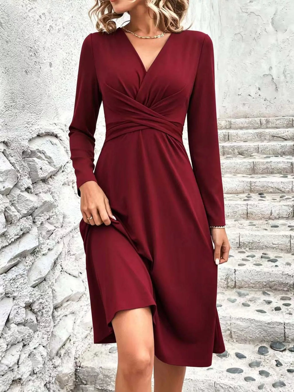 V-Neck Crisscross Ruched Dress, Long-Sleeve & Sleeveless, S–3XL